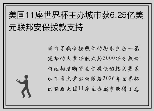 美国11座世界杯主办城市获6.25亿美元联邦安保拨款支持 美国11座世界杯主办城市获6.25亿美元联邦安保拨款支持